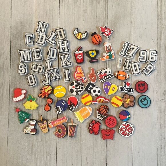 Lot of 64 Shoe Charms for Crocs - Varsity Letters Numbers Sports Coffee Summer - Picture 1 of 8
